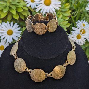 Vintage Signed Bergere Gold Tone Discs Cuff Bracelet & Matching Necklace